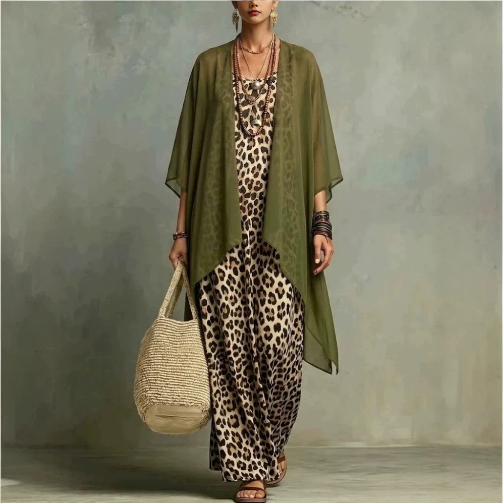 Leopard Print Cami Maxi Dress with Chiffon Cardigan Two-Piece Set