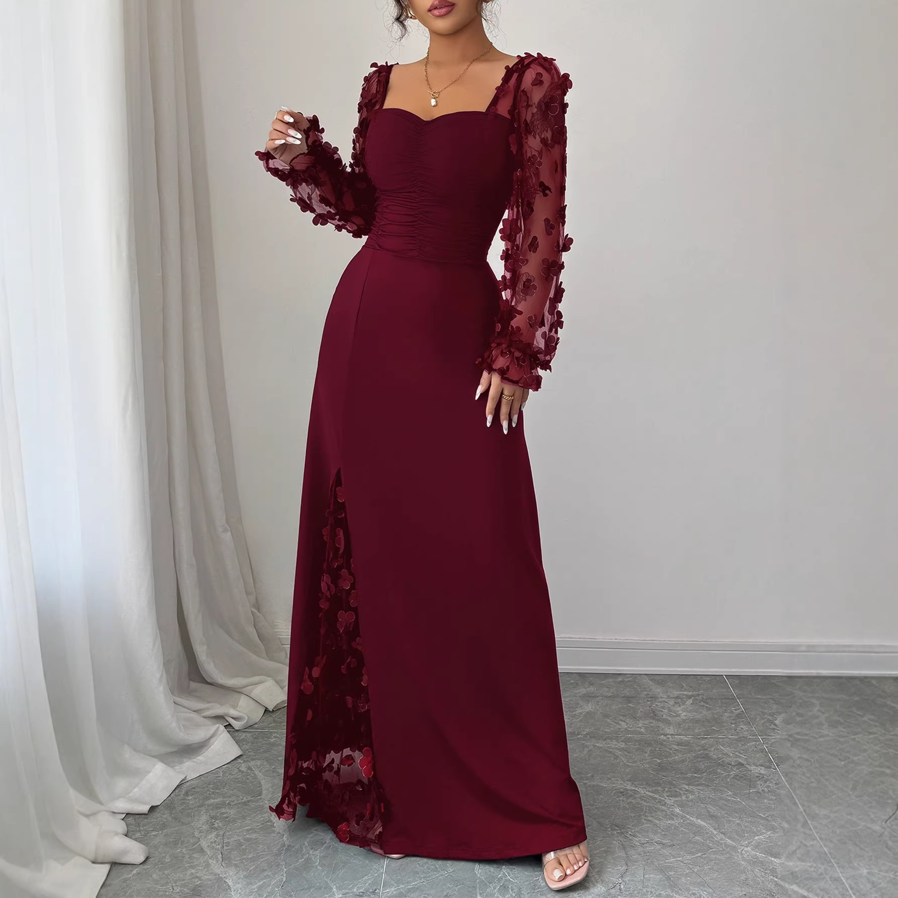 French Vintage Sheer Long Sleeve Evening Dress