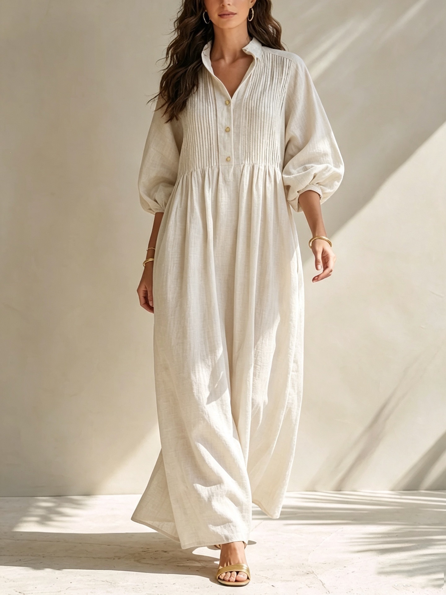Linen-Blend Long Sleeve Shirt Dress Women's Loose A-Line Midi Bubble Sleeve Solid