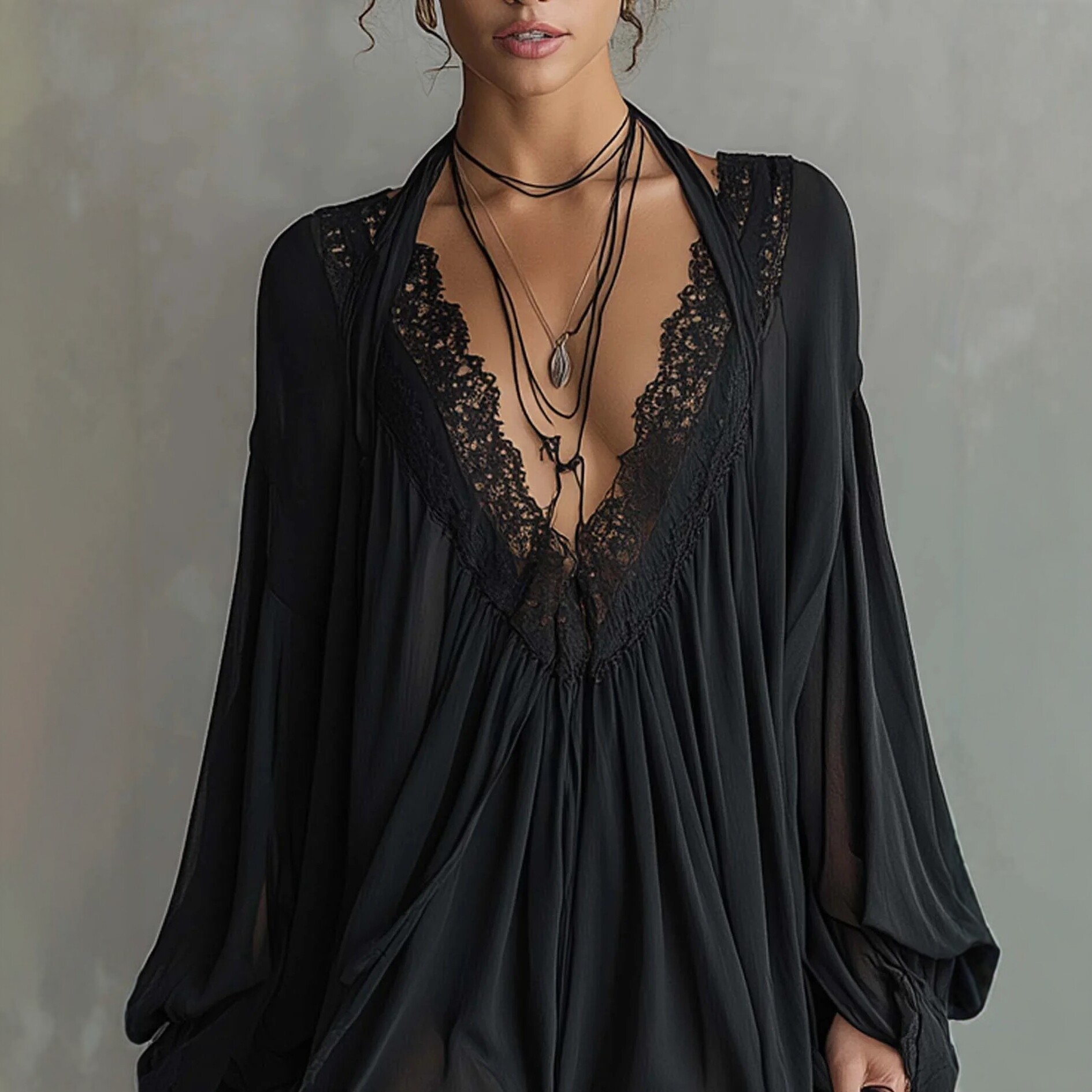 Black Lace Panel V-Neck Satin Robe Dress Sexy Loungewear
