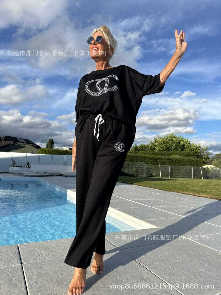 Women's 2-Piece Rhinestone Top Set Casual Half-Sleeve