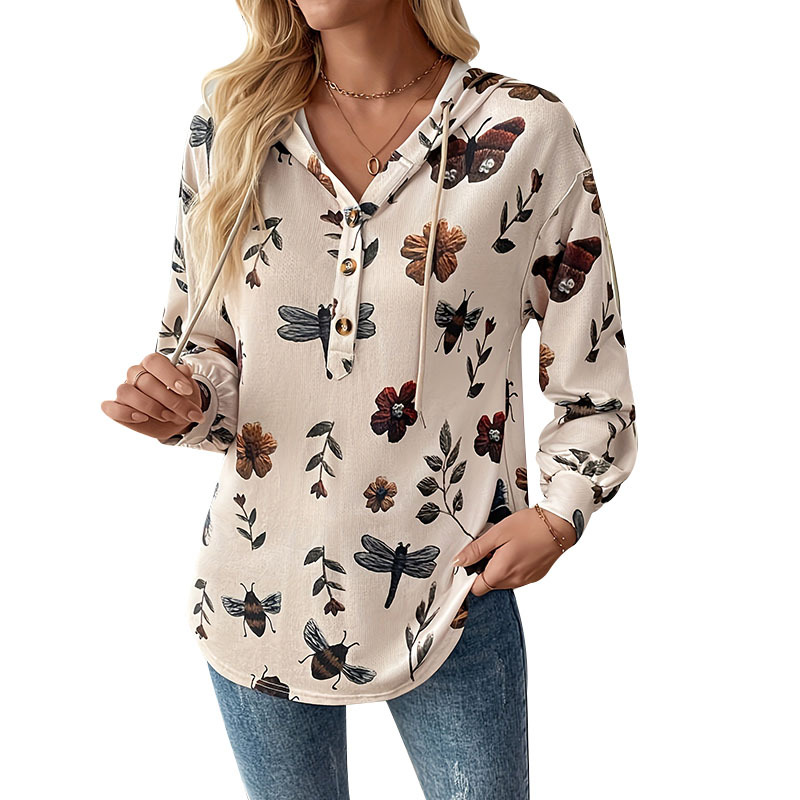 Floral Print Long-Sleeve Hooded Pullover Sweatshirt for Women