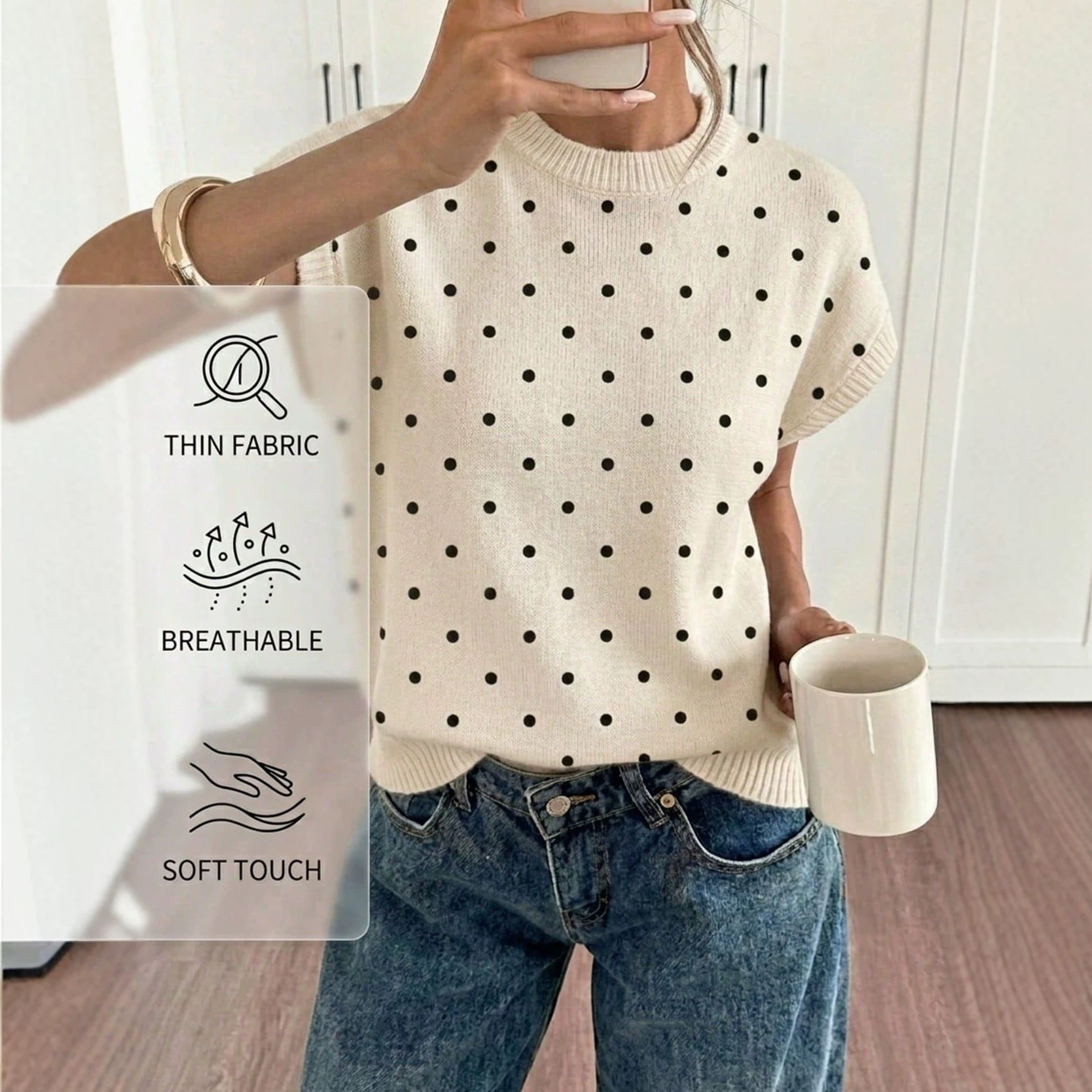 Women's Off-White Polka Dot Crewneck Knit Top Loose Drop-Shoulder Short-Sleeve Lightweight Sweater