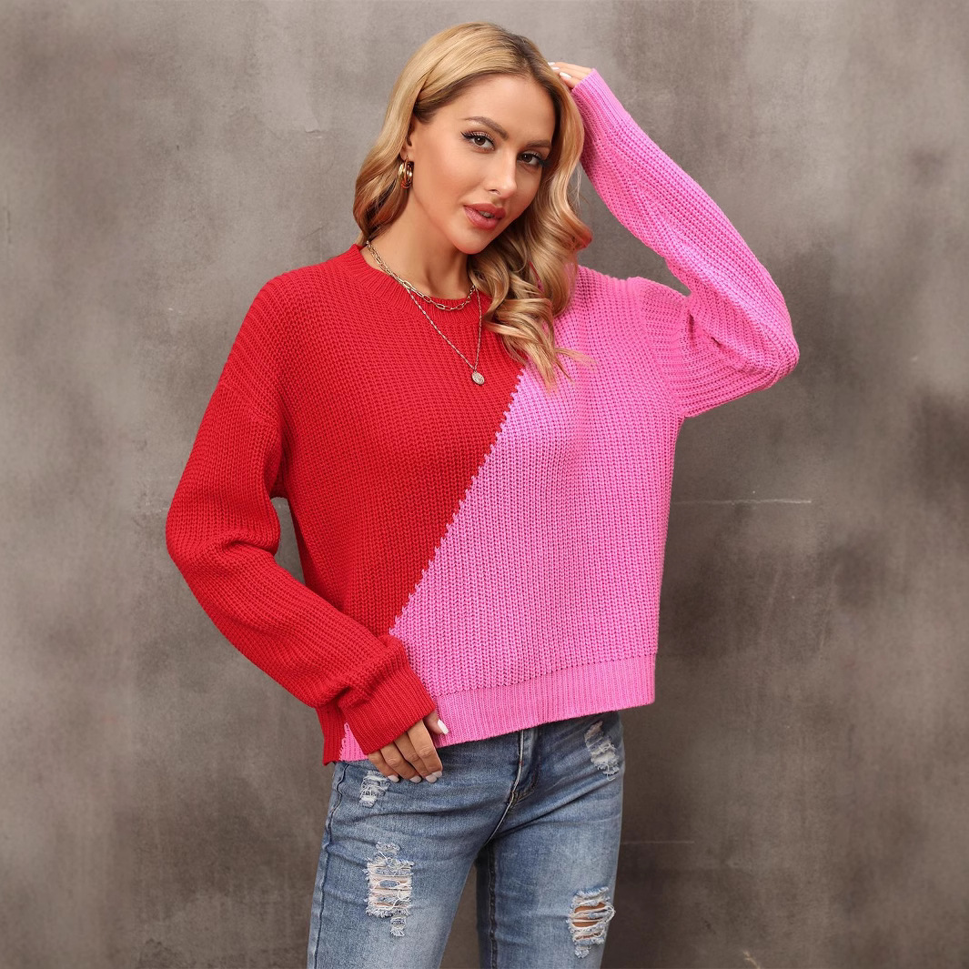 Women's Color-Block Pullover Sweater Rose Red Loose Knit