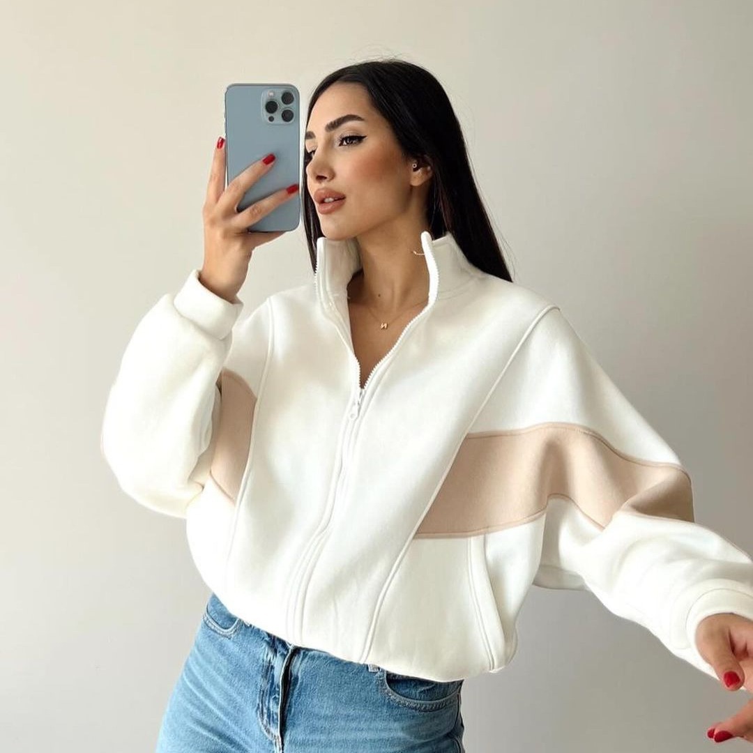 Women's Loose Colorblock Stand Collar Zip-Up Jacket