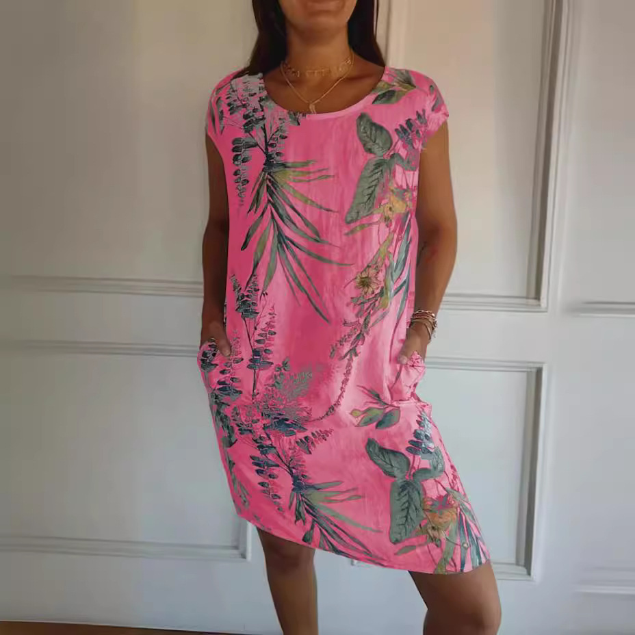 Women's Cotton Linen Print A-Line Dress with Pockets
