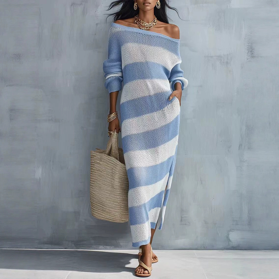 One-Shoulder Striped Knit Long Dress with Cutout and Slit
