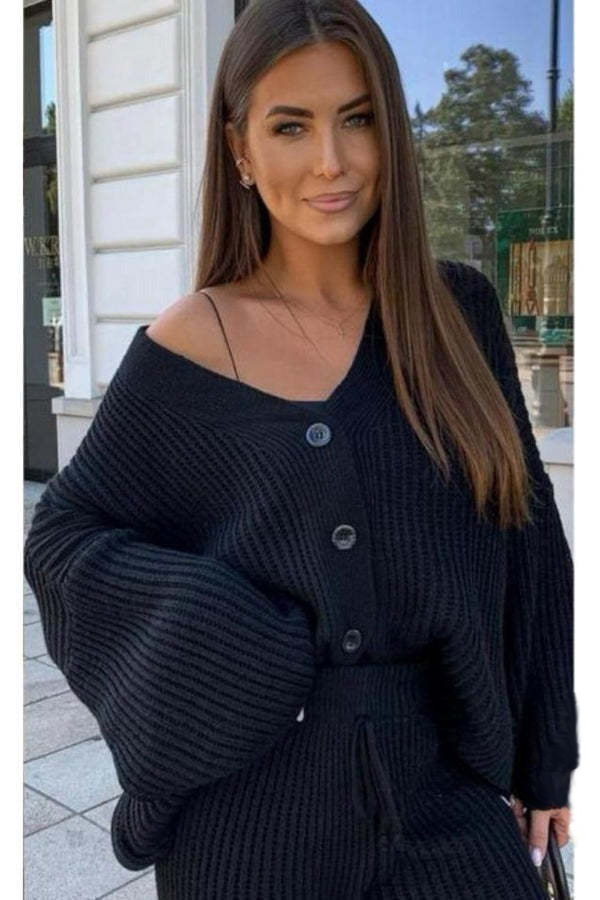 Women's Solid Color Open-Front Cardigan and Pants Two-Piece Knit Set