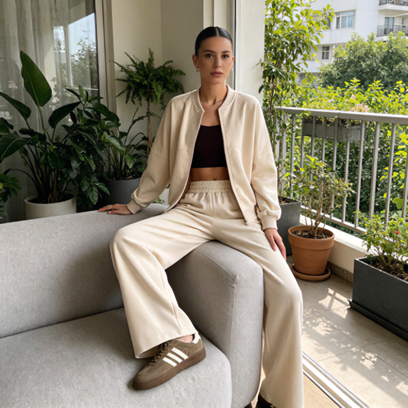 Women's Faux Suede Zip Cardigan & Elastic Waist Pants Set