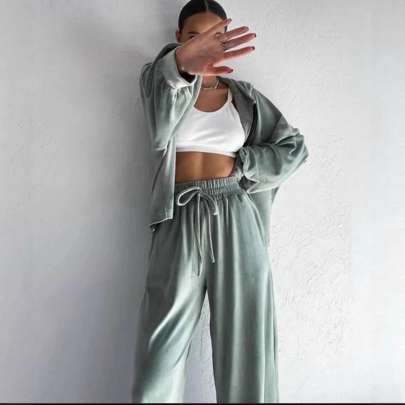 Women's Solid Color Hooded Zip Cardigan & Wide-Leg Pants Set