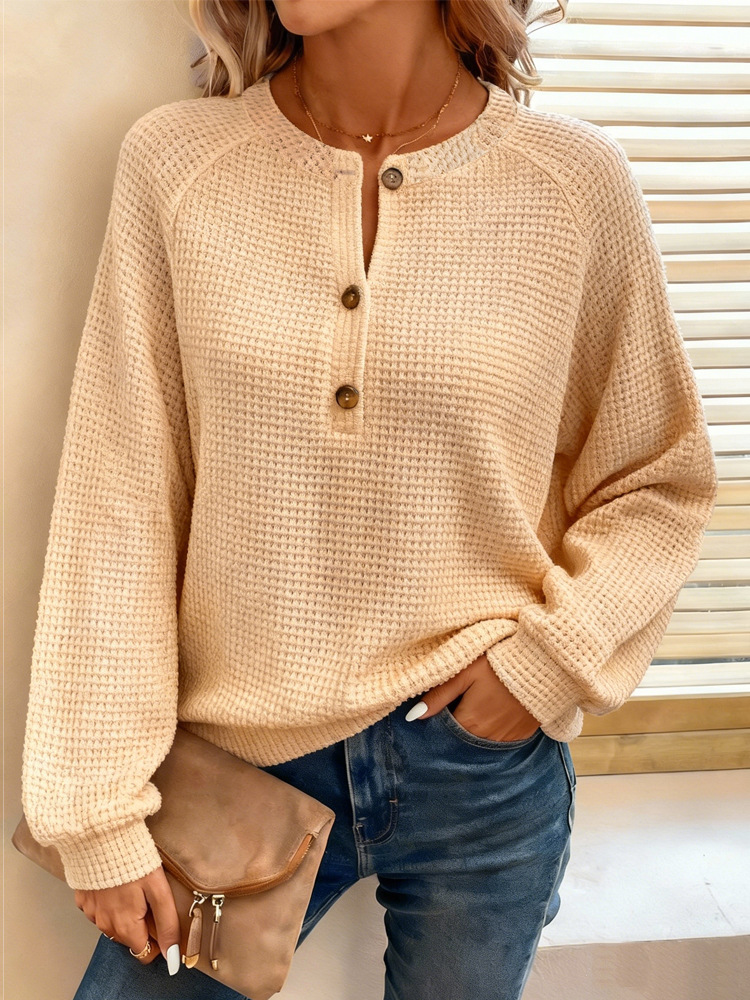 Women's Waffle Knit Long Sleeve Pullover Top Solid Color Crew Neck