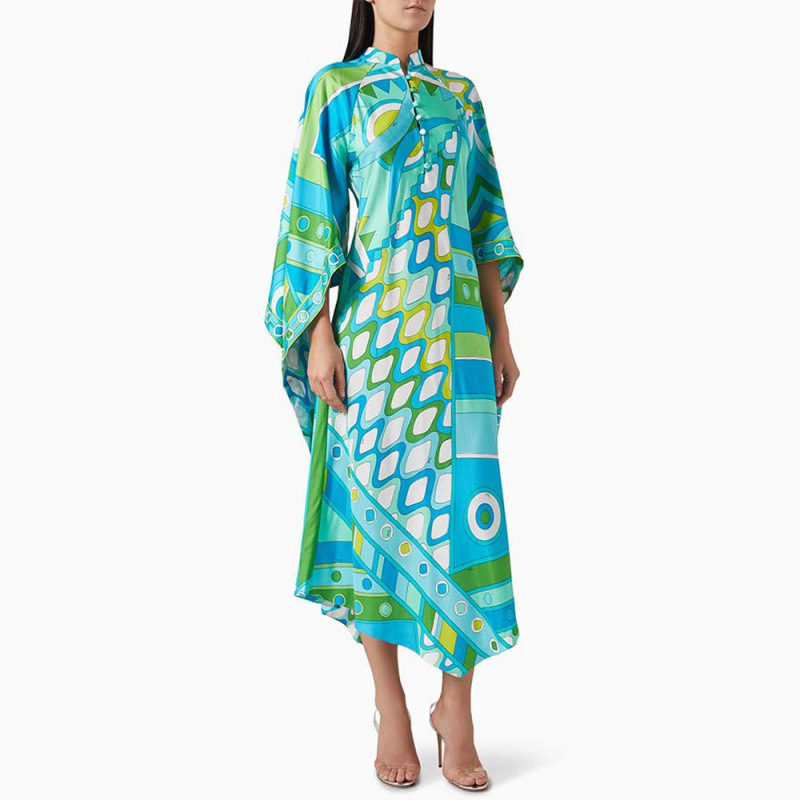 Printed Long Sleeve Stand Collar Loose Dress