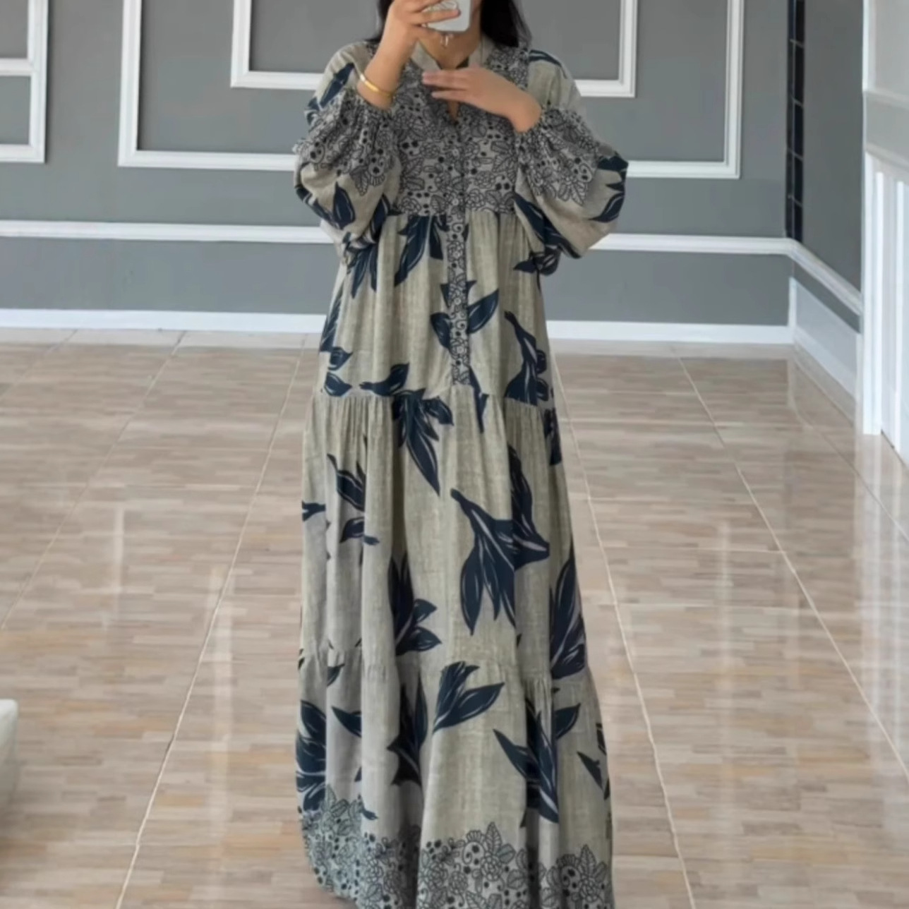 Digital Print Long Sleeve Shirt Collar Loose Vintage Long Dress