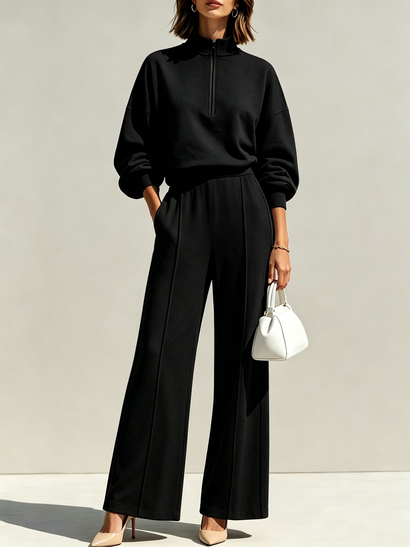 Women's Two-Piece Half-Zip Stand Collar Sweatshirt and High-Waist Wide-Leg Pants Set