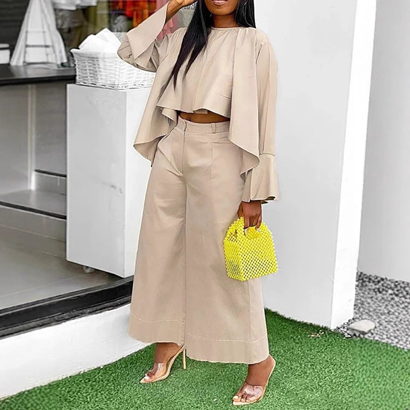 Elegant Asymmetric Long Sleeve Shirt and Straight Leg Pants Two-Piece Set