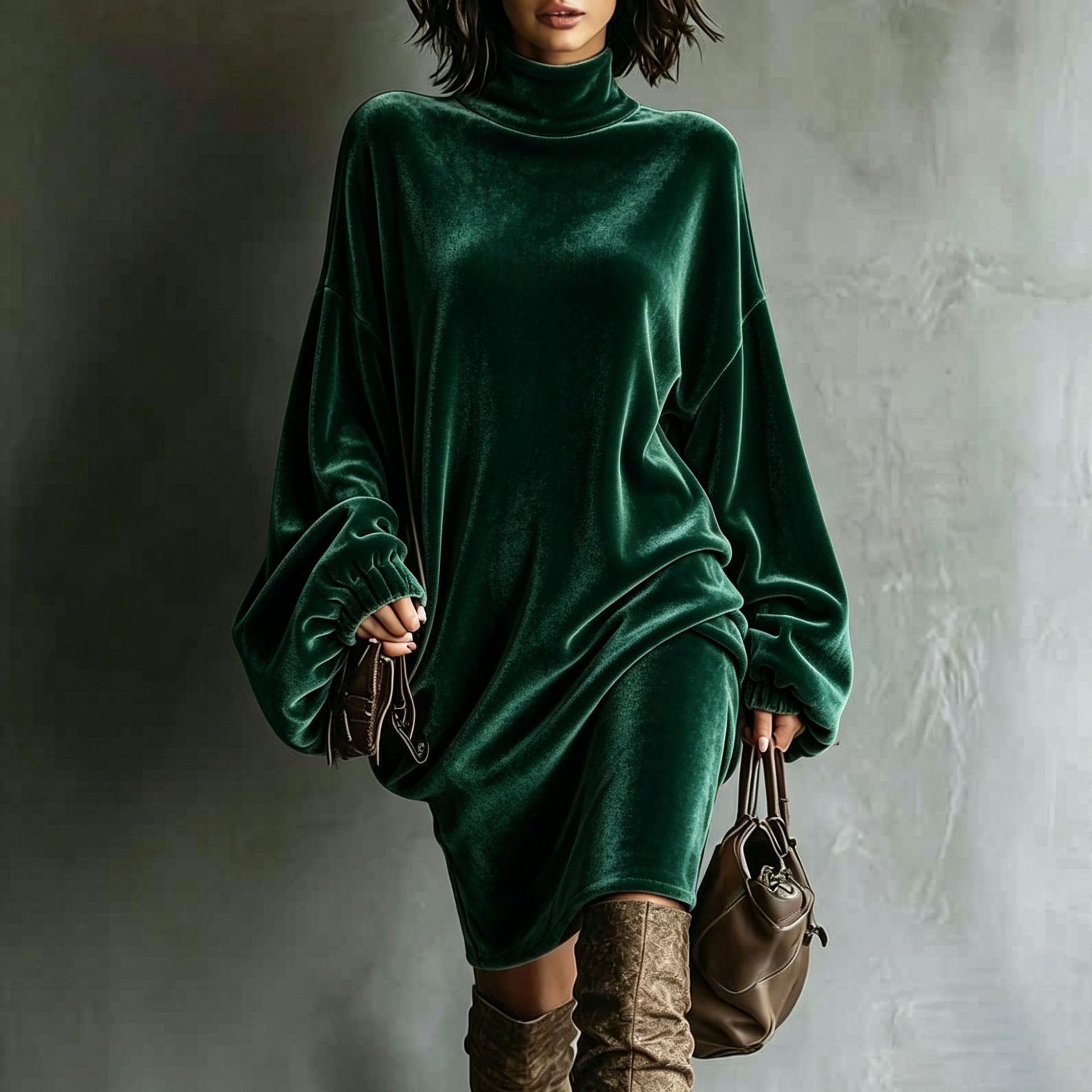 Velvet High Neck Long Sleeve A-Line Dress Women's Loose Solid Color Commuter