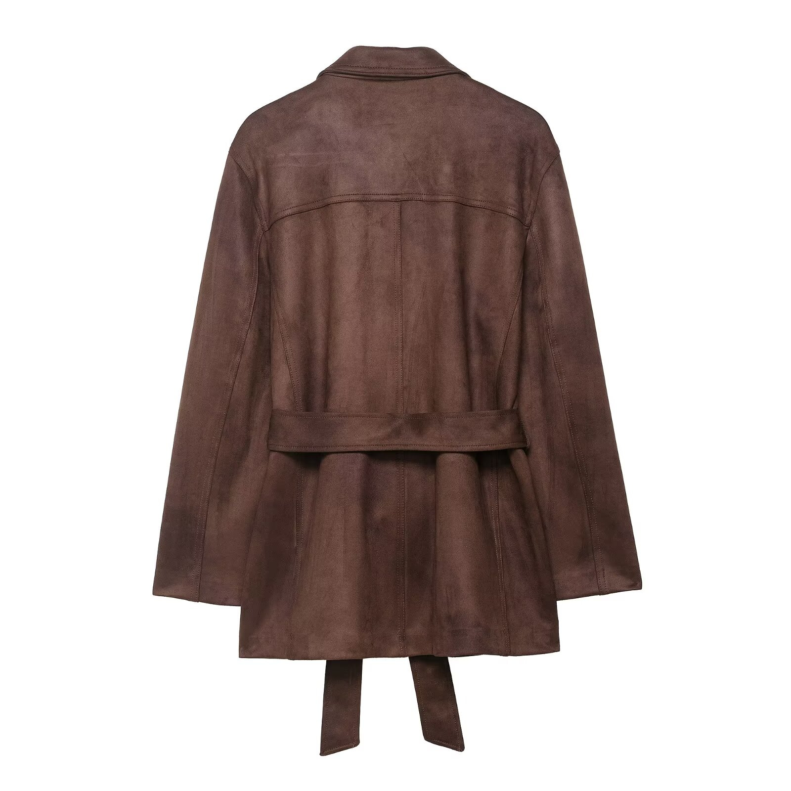 Women's Faux Suede Belted Jacket with Suit Collar