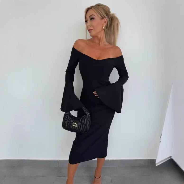 Solid Color Off-Shoulder Flare-Sleeve Slit Dress
