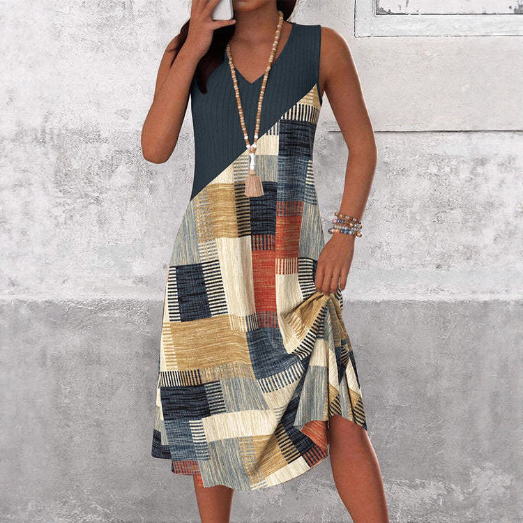Women's Casual V-Neck Sleeveless Colorblock Midi Dress