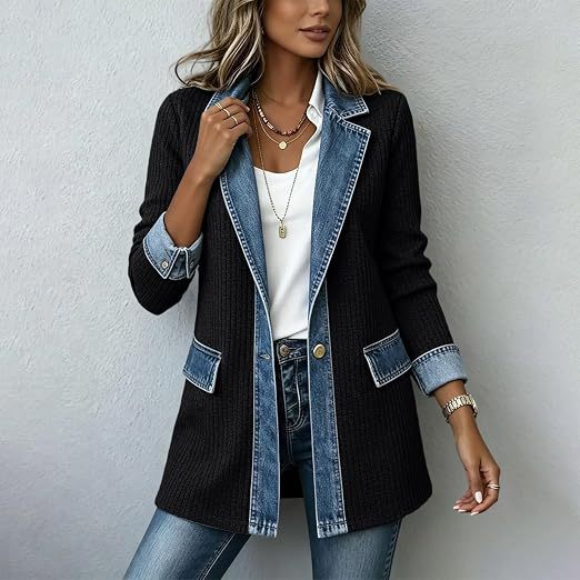 Women's Denim Jacket Ribbed Lapel Collar Patchwork Loose Fit