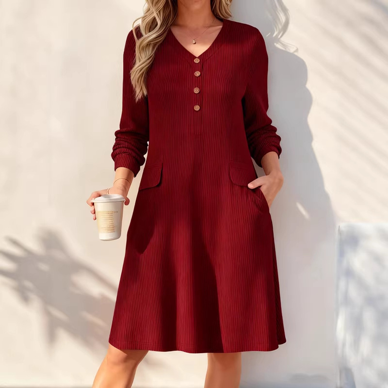 V-Neck Button-Front Ribbed Knit Midi Dress