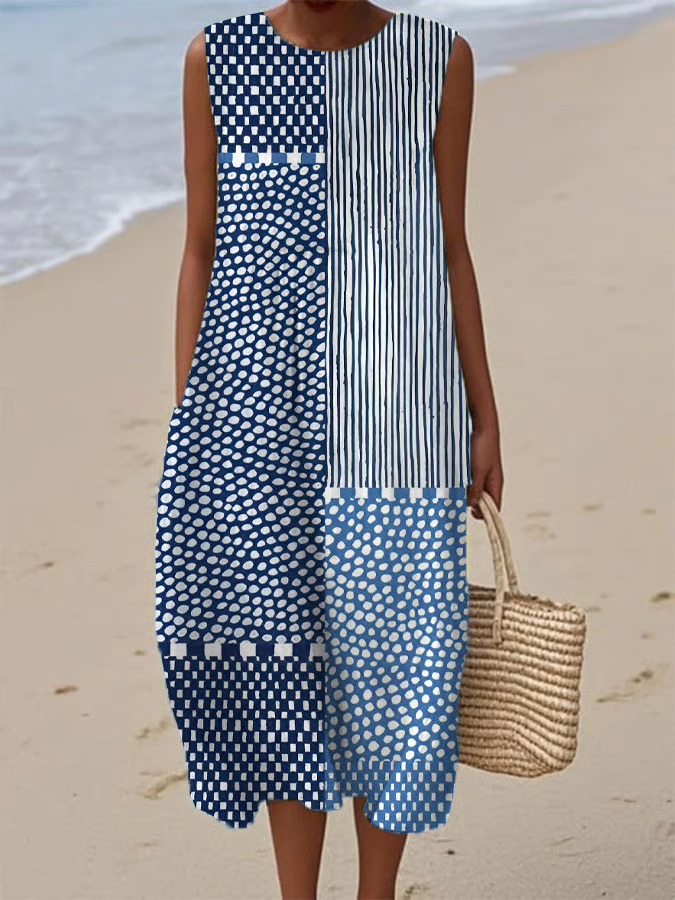 Women's Sleeveless Polka Dot Floral Midi Dress Casual