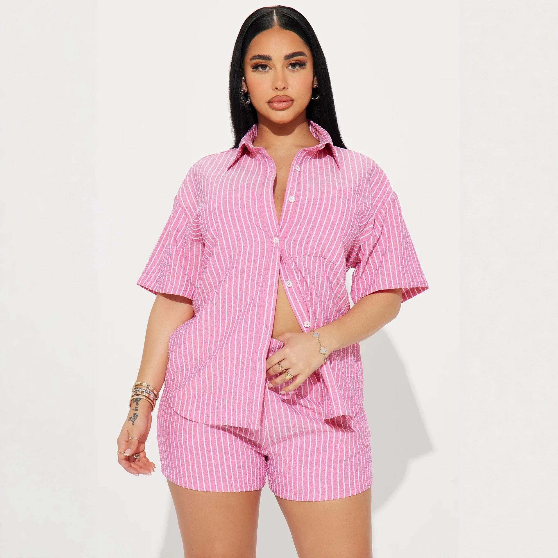 Women's Striped Short Sleeve Shirt and Elastic Waist Shorts Two-Piece Set