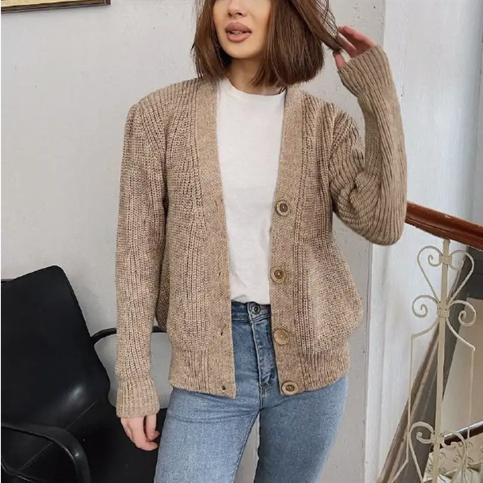 V-Neck Four-Button Knit Cardigan Sweater Coat Women's Loose Relaxed Fit