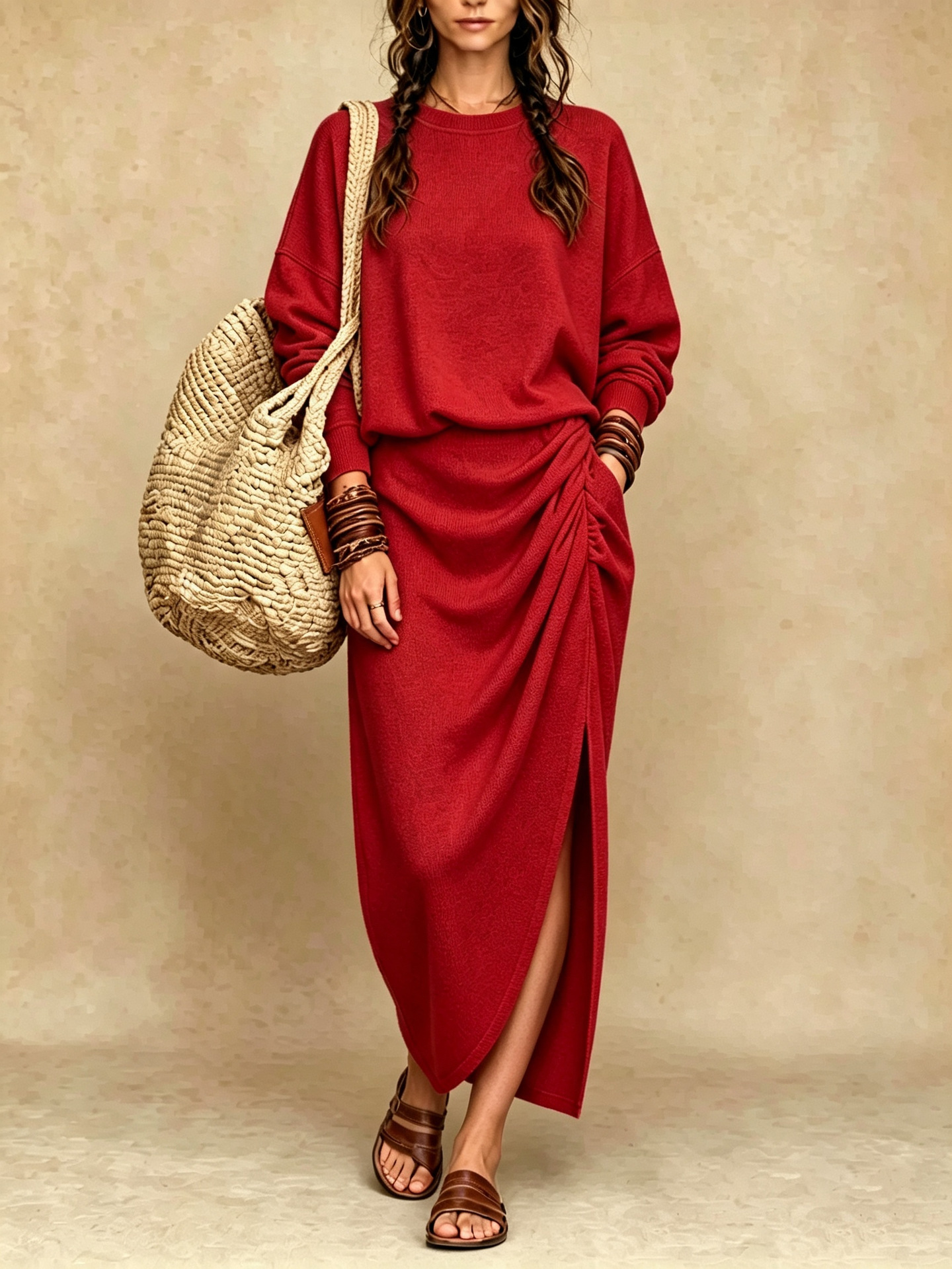 Women's Long Sleeve Crewneck Ruched Slit Knit Loose Casual Dress