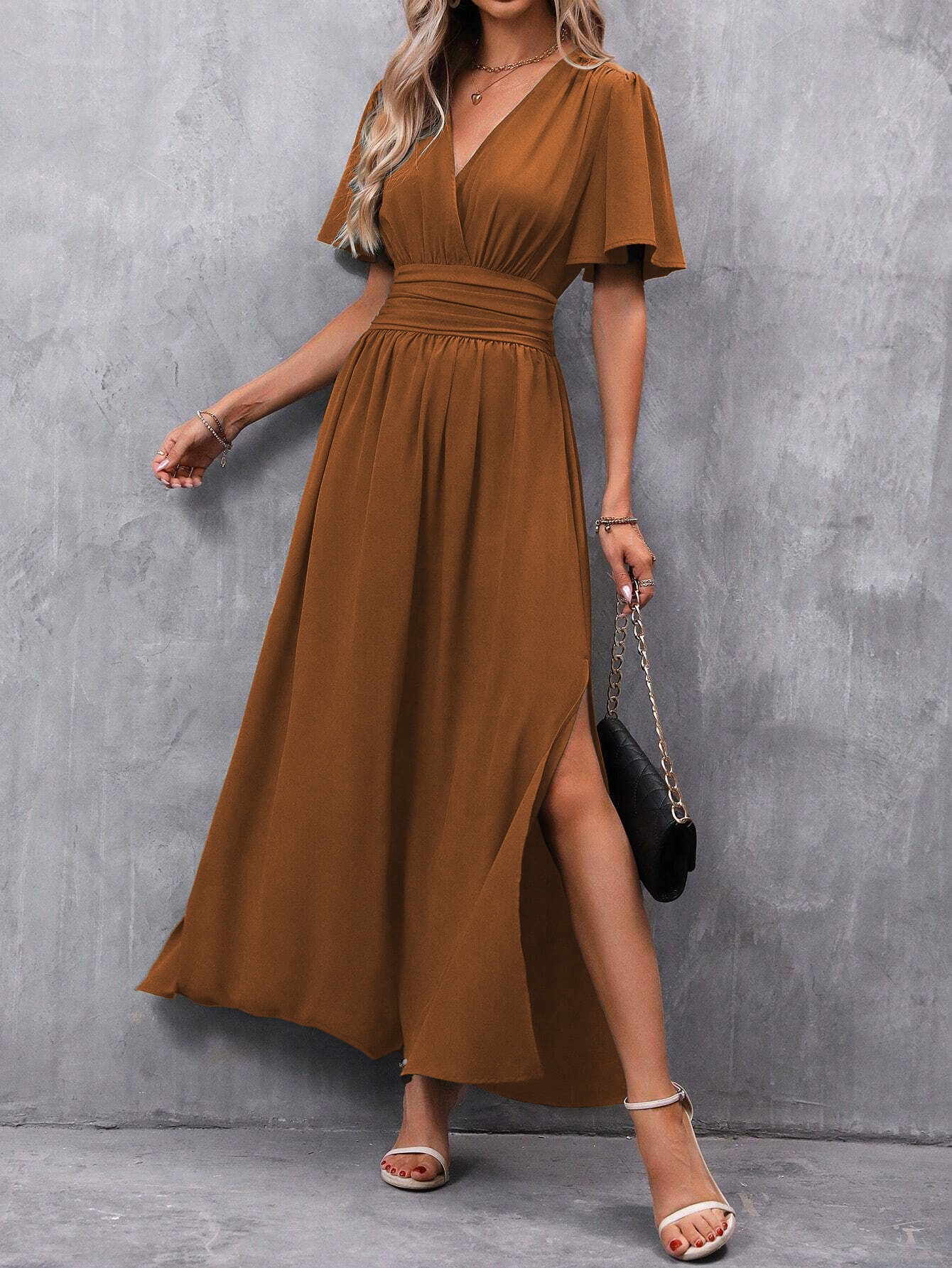 Elegant Flutter-Sleeve High-Slit A-Line Maxi Dress