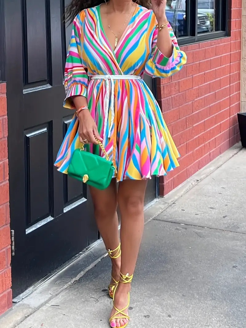 Colorful Striped V-Neck A-Line Dress with Belt, 3/4 Sleeve