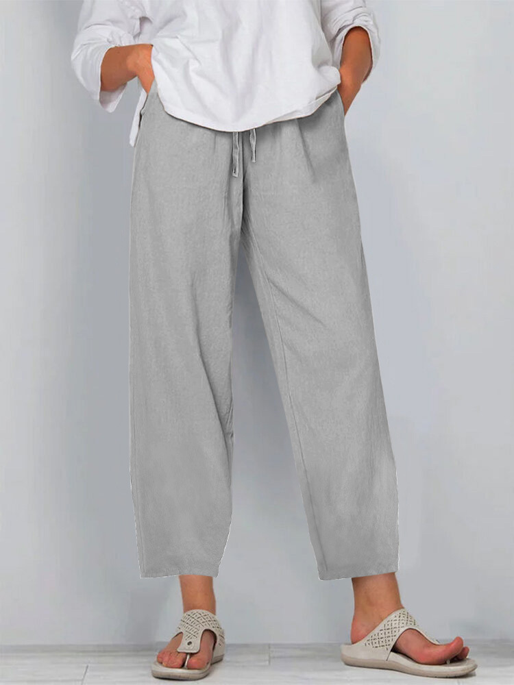 Women's Cotton-Linen Wide-Leg Pants with Elastic Waist Solid Color Casual Long Pants