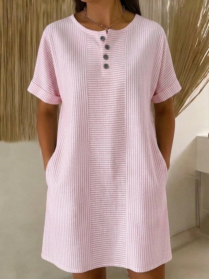 Women's Button Round Neck Loose Pocket Casual Midi Dress