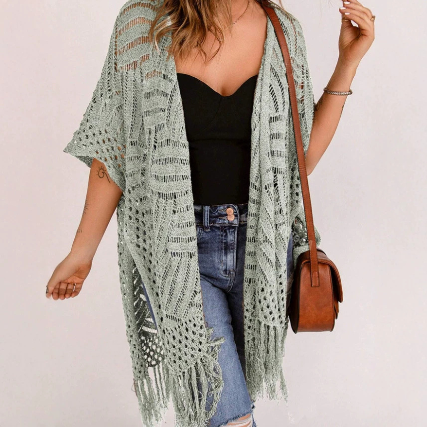 Plus Size Sheer Fringe Knit Bikini Cover-Up Beach Cardigan