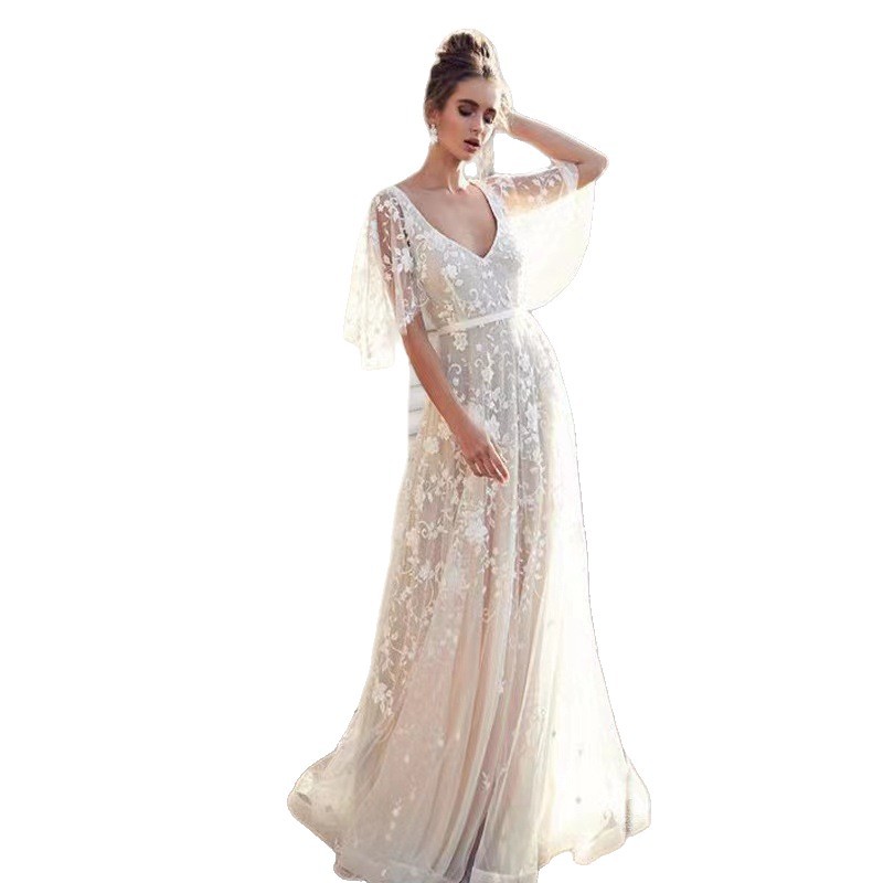 Women's Lace V-Neck Open-Back Maxi Dress Elegant Evening Gown