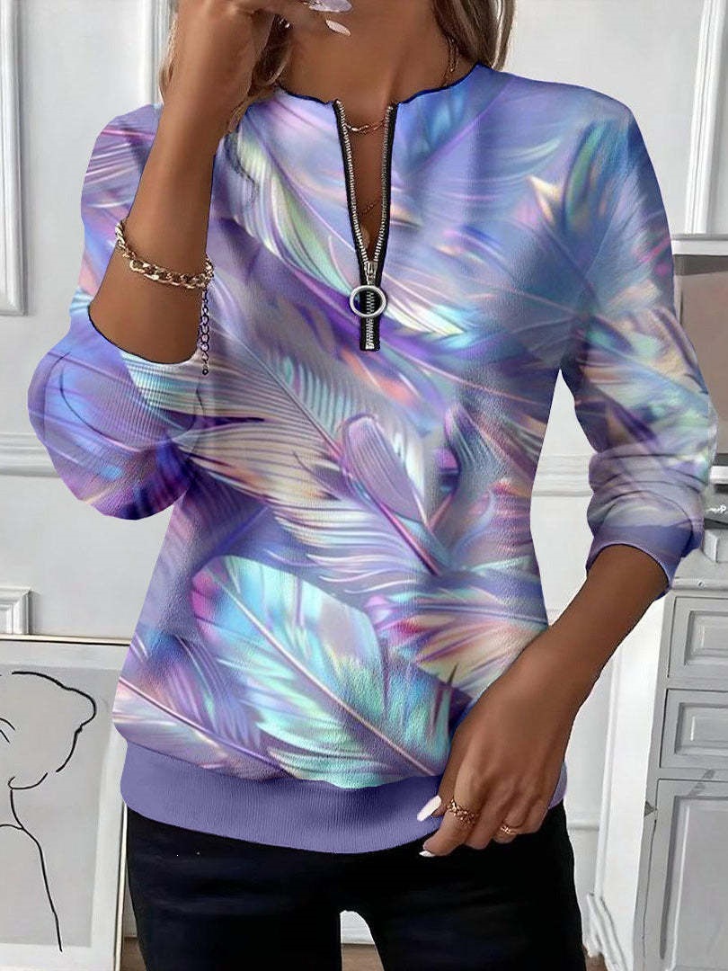 Women's Boho Print Long Sleeve Zip-Up Sweatshirt Casual Top