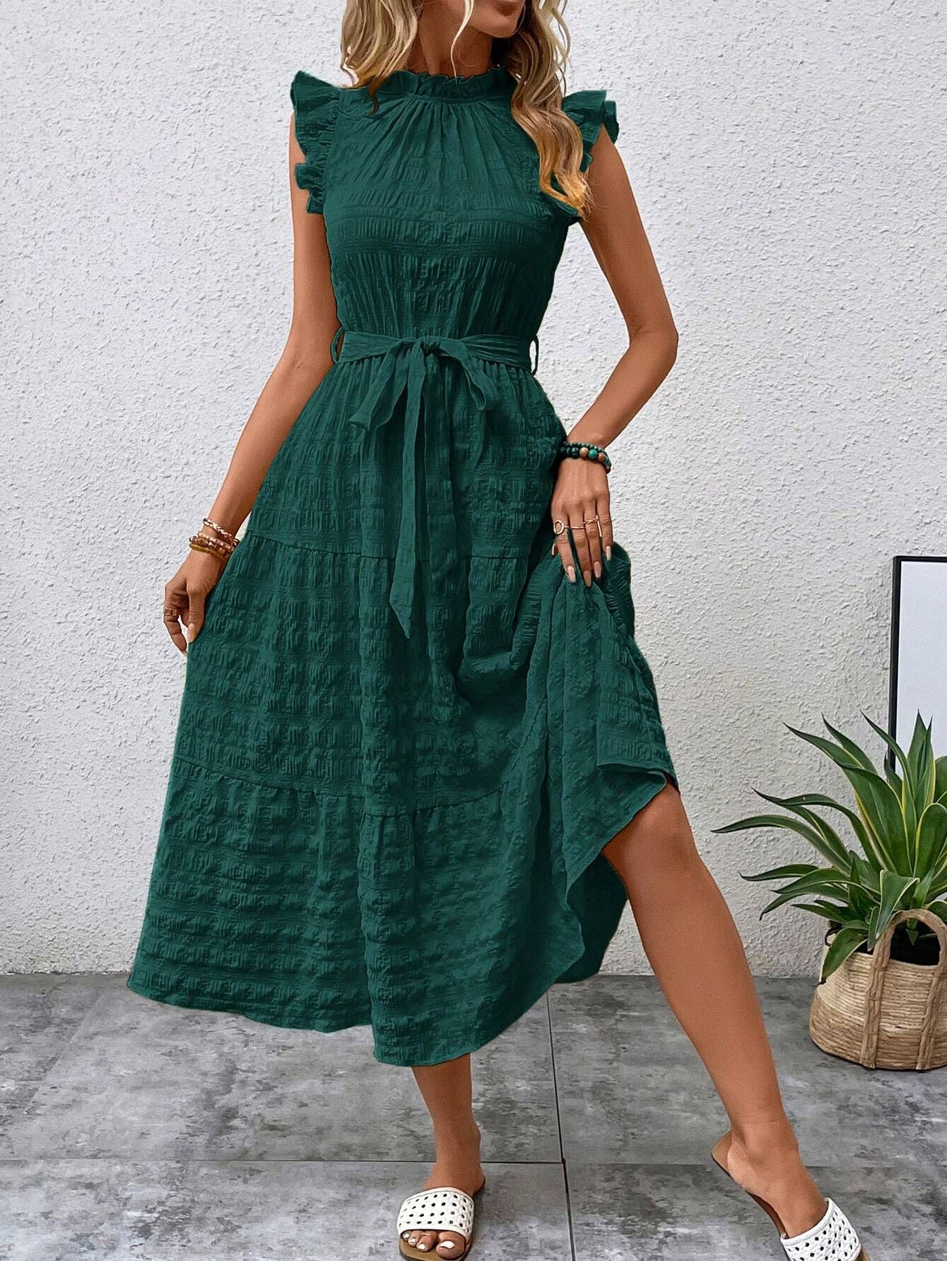 Women's Summer Ruffle Trim Flutter Sleeve Tie Textured Dress