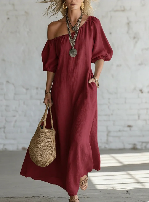 Off-Shoulder Cloud Cotton Puff Sleeve Loose Flowy Maxi Dress