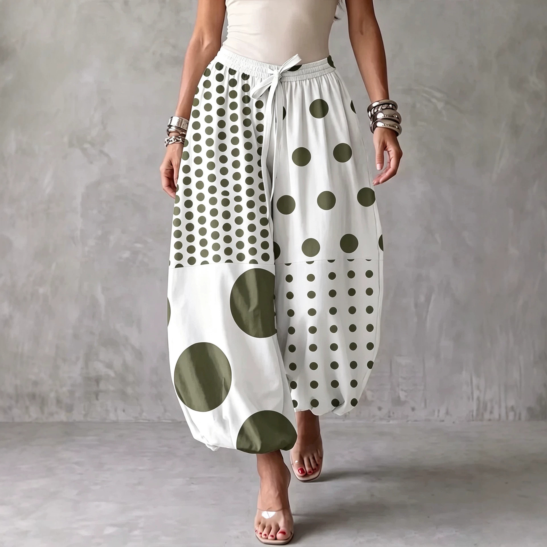 Asymmetric Polka Dot Print Drawstring Jogger Pants