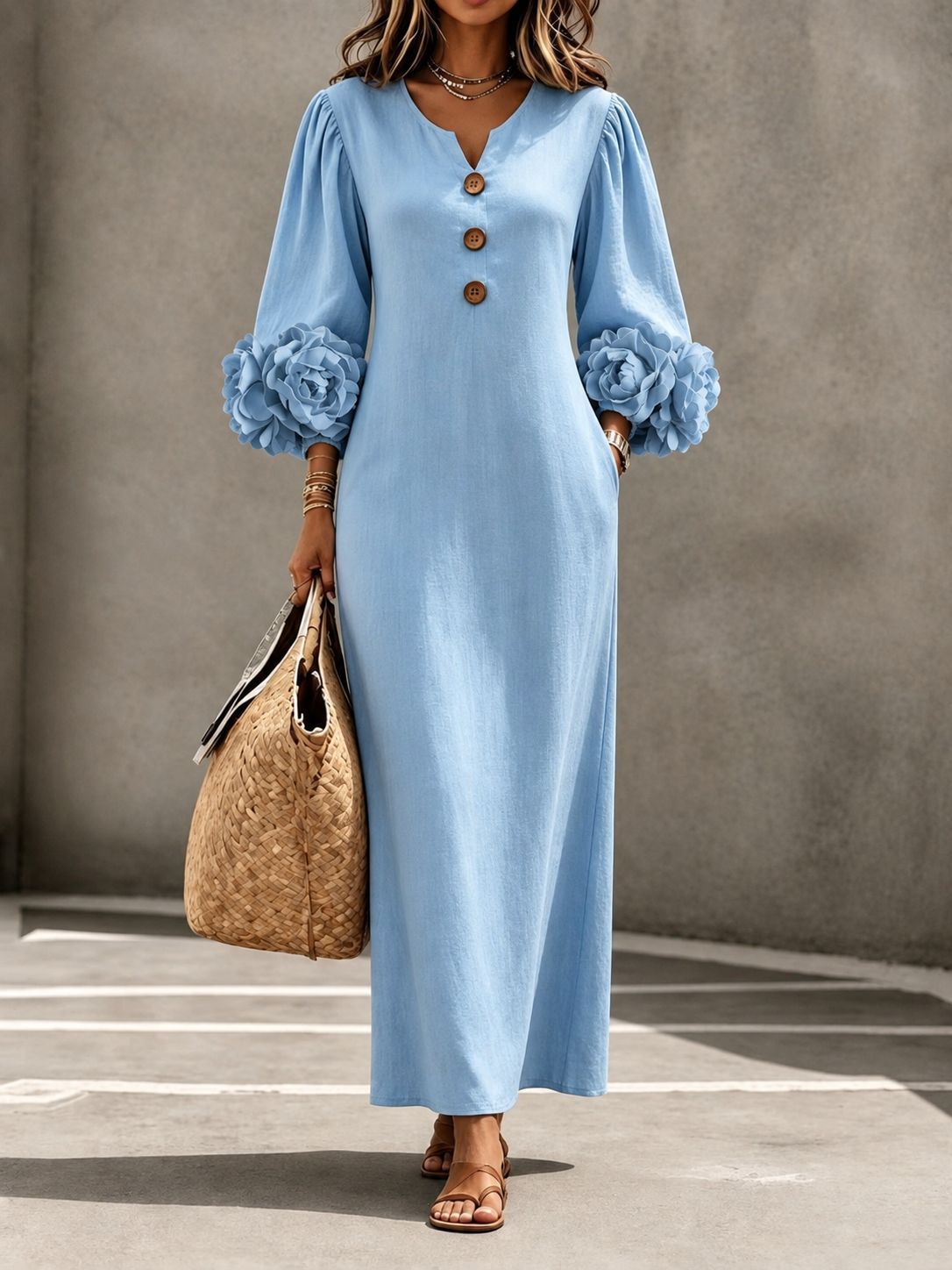 V-Neck 3D Floral Lantern Sleeve A-Line Maxi Dress