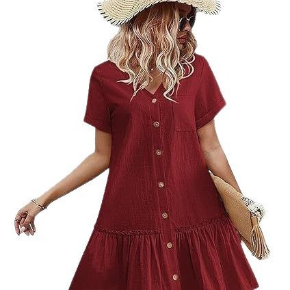 Women's Button-Front Cotton-Linen Midi Dress with Ruffle Hem and Short Sleeves