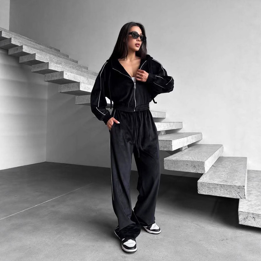 Velvet Hooded Cardigan & Wide-Leg Pants Two-Piece Set with Stripes