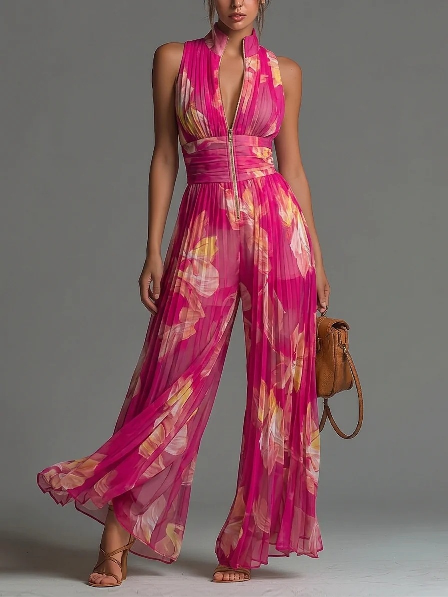 White Pleated Halter Wide-Leg Jumpsuit for Women