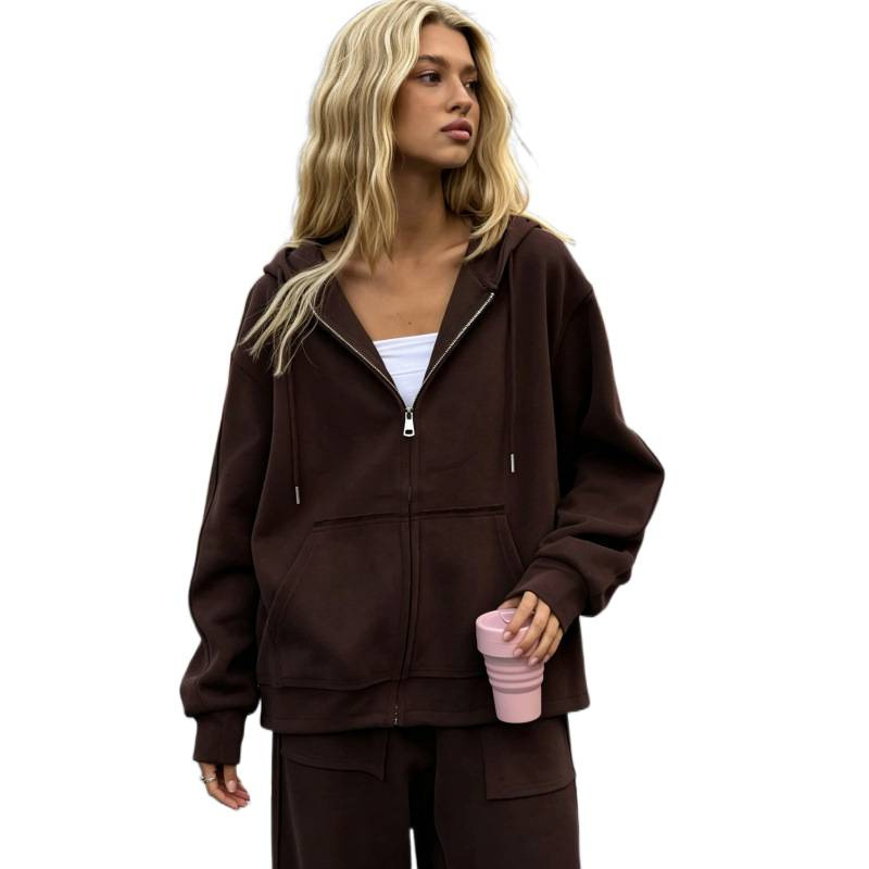Solid Color Zip-Up Hoodie and Wide-Leg Drawstring Pants Two-Piece Set