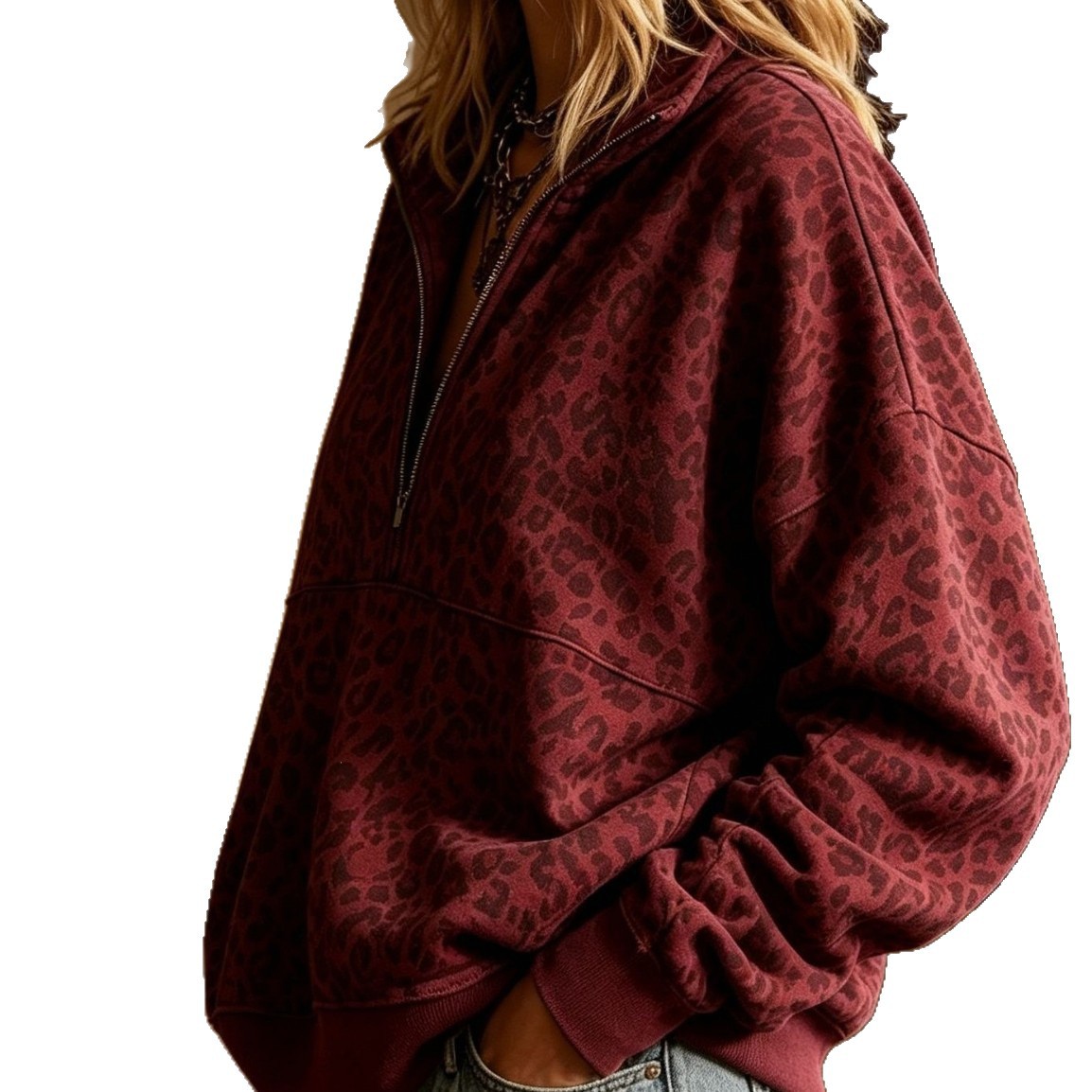 Women's Retro Leopard Print Stand Collar Loose Slimming Sweatshirt