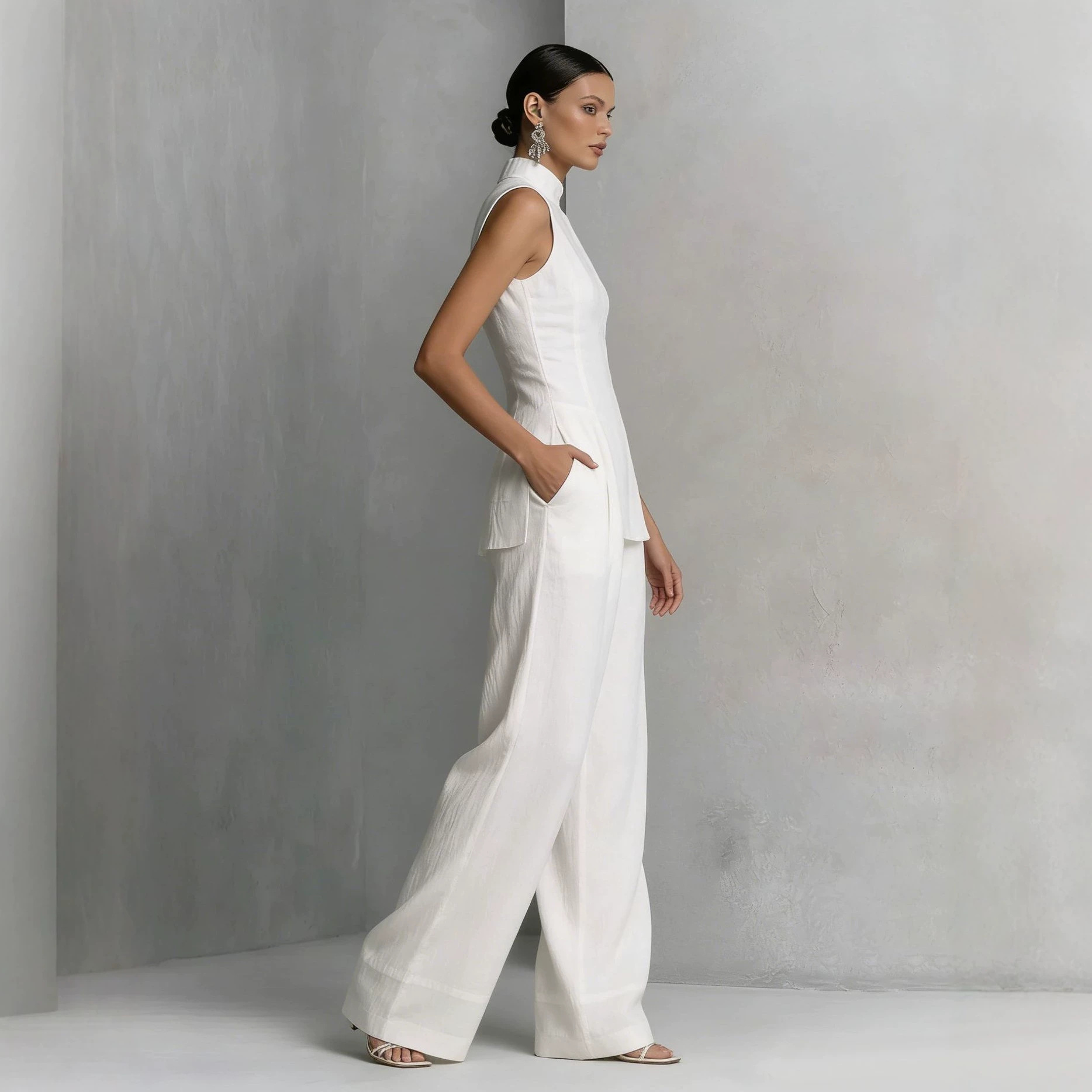 Women's Sleeveless Blouse and Pants Set Solid Color Drapey Two-Piece Outfit