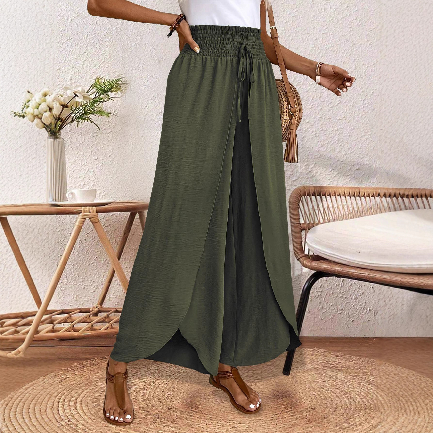 Women's Loose Solid Color Elastic Waist Irregular Wide-Leg Casual Pants