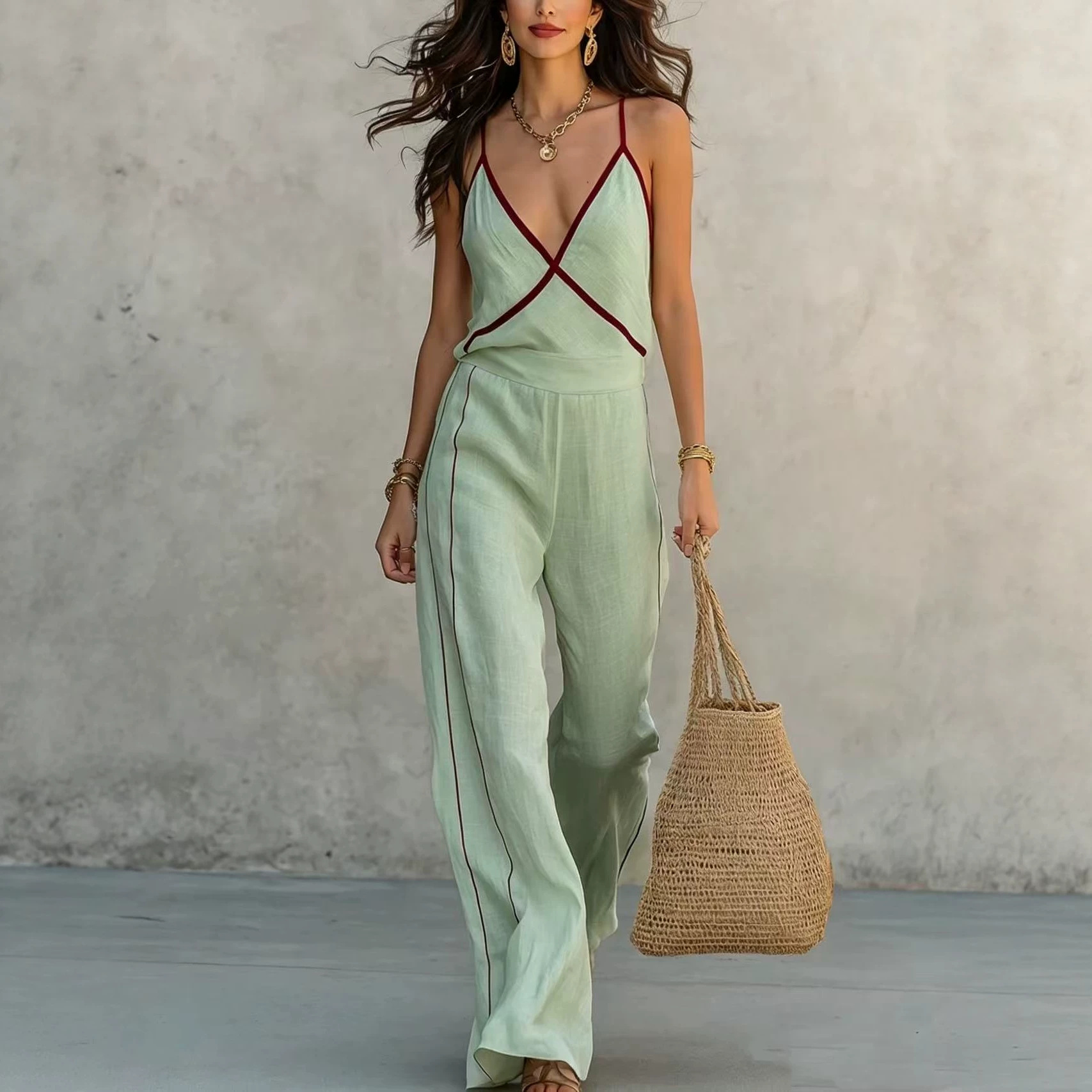 Spaghetti Strap Wide-Leg Pants Set with Contrast Trim