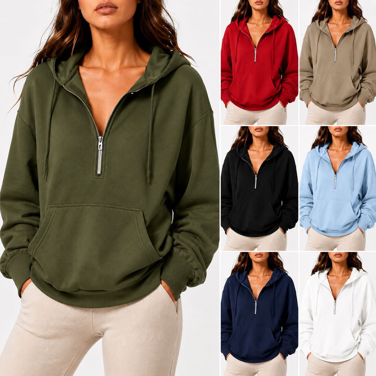 2026 Fall New Cross-Border European and American Loose Hooded Half-Zip Pocket Fall Winter Casual Sweatshirt Women's