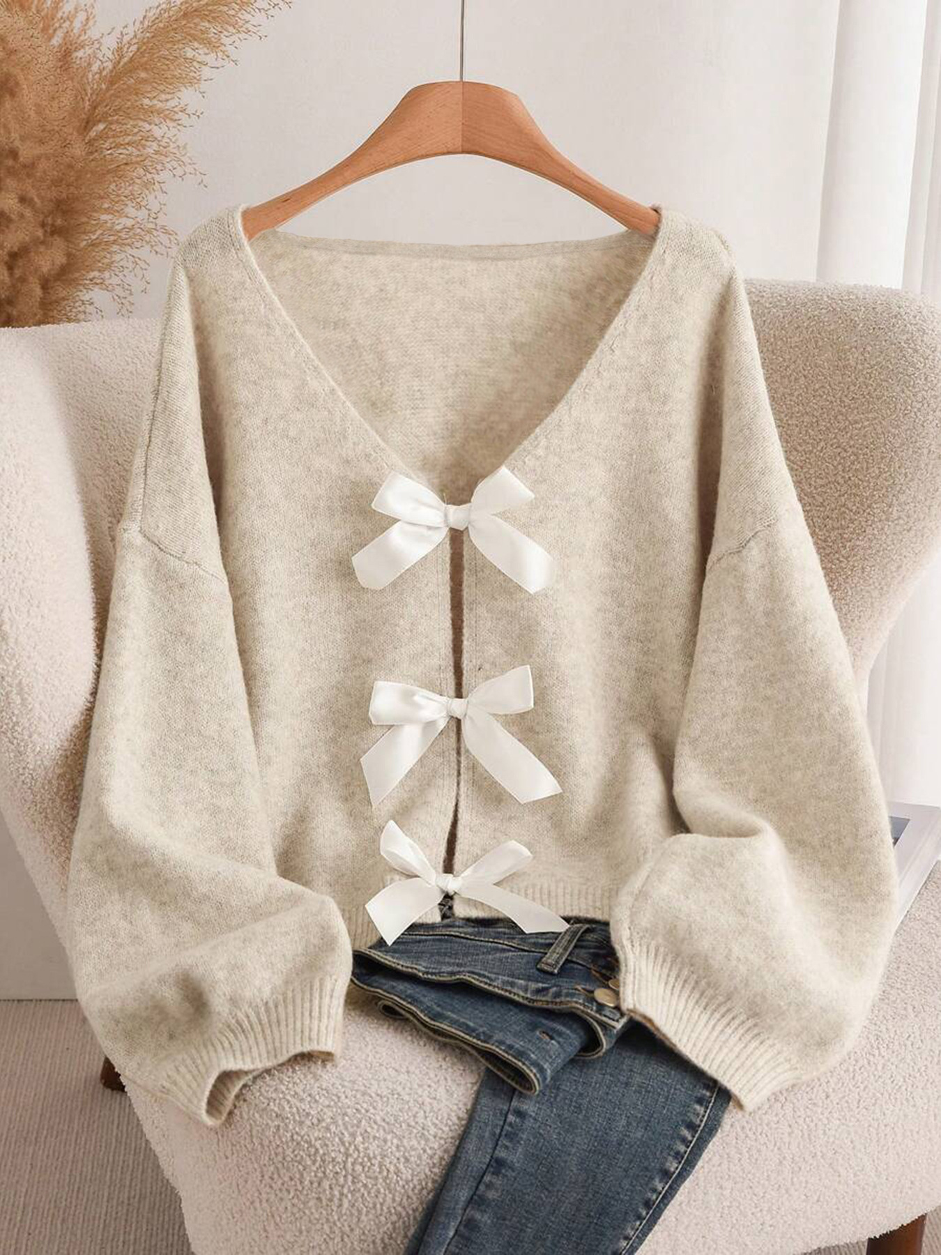 Bow Knit Cardigan Loose Slouchy Sweater